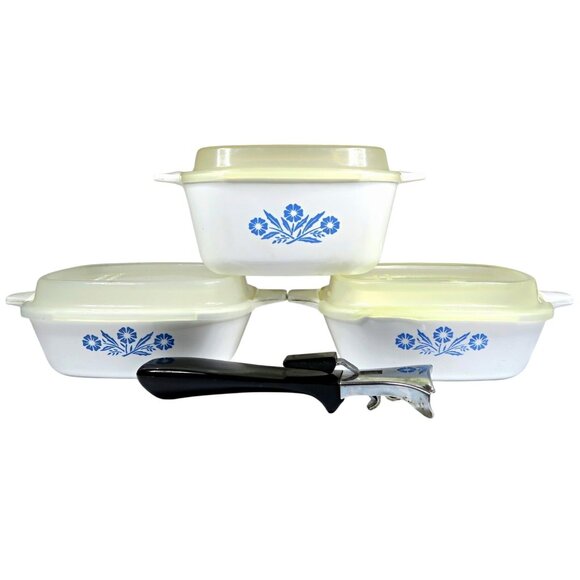 Corning Ware Blue Cornflower P-41 & P-43 Petite Pans with Lids + Handle - Picture 1 of 13